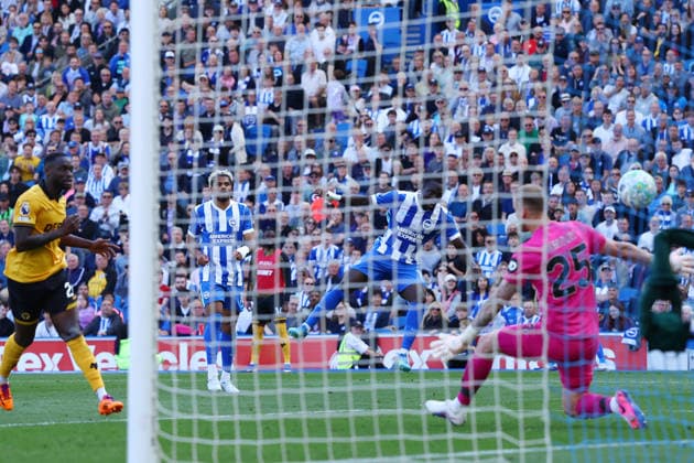 Brighton and Hove, England, 9th May 2026. Yankuba Minteh of Brighton and Hove Albion scores to make it 3-0 during the Brighton and Hove Albion vs Wolverhampton Wanderers Premier League match at the AMEX Stadium, Brighton and Hove. Picture credit should read: Paul Terry Sportimage EDITORIAL USE ONLY. No use with unauthorised audio, video, data, fixture lists, club league logos or live services. Online in-match use limited to 120 images, no video emulation. No use in betting, games or single club league player publications. SPI_050_PT_Brighton_Wolves SPI-4789-0050