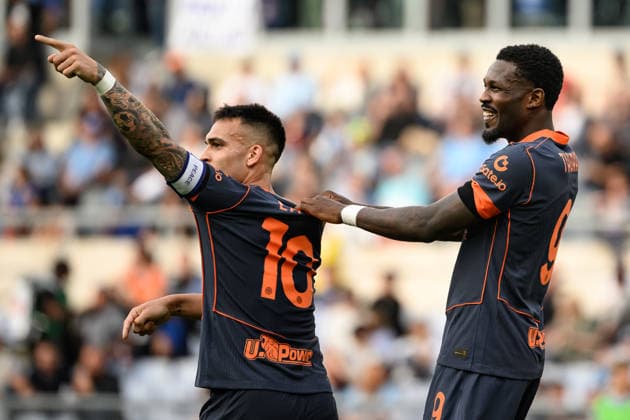 Lautaro Martinez and Marcus Thuram of FC Internazionale joke after Petar Sucic (not pictured) scored the goal of 0-2 during the Serie A 2025 2026 football match between SS Lazio and FC Internazionale at Stadio Olimpico in Rome (Italy), May 9, 2026. AndreaxStaccioli