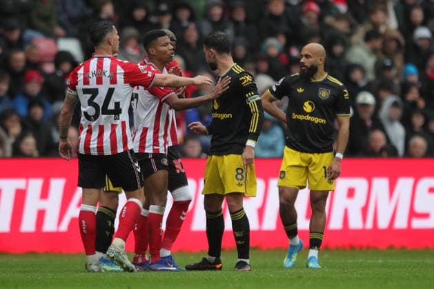 Sunderland v Manchester United, ManU Premier League Incident involving Manchester United captain Bruno Fernandes that Granit Xhaka of Sunderland seeks to calm during the Premier League match between Sunderland and Manchester United at the Stadium Of Light, Sunderland, UK on 9 May 2026. Sunderland Stadium Of Light Tyne and Wear UK Editorial use only DataCo restrictions apply See www.football-dataco.com , Copyright: xAlunxRobertsx PSI-24233-0027