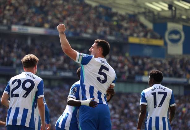 Premier League - Brighton & Hove Albion v Wolverhampton Wanderers BRIGHTON, ENGLAND, MAY 09: GOAL 2-0, Lewis Dunk of Brighton & Hove Albion goal celebration after scoring a goal to put Brighton & Hove Albion 2-0 ahead during the Premier League match between Brighton & Hove Albion v Wolverhampton Wanderers at the AMEX Community Stadium, Brighton, England, on May 9. (Photo by Daniel Weir) Brighton AMEX Community Stadium England Copyright: xDanielxWeir SportsxPressxPhotox Sportspressphoto_SPR143168