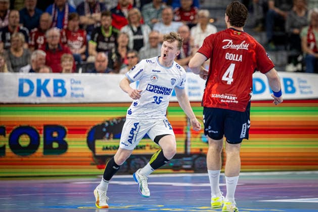DAIKIN HBL: SG Flensburg-Handewitt vs TBV Lemgo Lippe; 09.05.26 Jubel Torjubel bei Jarnes Faust (Nr.35, TBV Lemgo-Lippe) DAIKIN HBL: SG Flensburg-Handewitt vs TBV Lemgo Lippe, GP JOULE Arena am 09.05.26 Copyright: xBEAUTIFULxSPORTS MarioxM.xKobergx