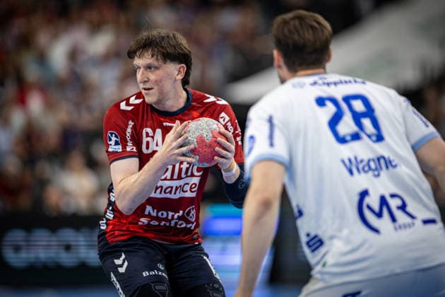 DAIKIN HBL: SG Flensburg-Handewitt vs TBV Lemgo Lippe; 09.05.26 Lasse Kjaer Moller (Nr.64, SG Flensburg-Handewitt) im Angriff DAIKIN HBL: SG Flensburg-Handewitt vs TBV Lemgo Lippe, GP JOULE Arena am 09.05.26 Copyright: xBEAUTIFULxSPORTS MarioxM.xKobergx