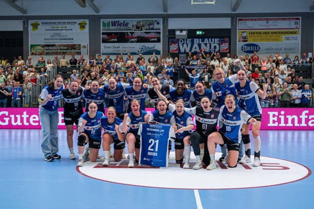 HSG Blomberg-Lippe (GER) vs. Thueringer HC (GER) Handball, 1. Handball Bundesliga Frauen, Halbfinale, Spiel 3, 9.5.2026, Saision 2025 2026, Blomberg Die Spielerinnen der HSG Blomberg-Lippe (GER) jubeln nach dem Sieg gegen den Thueringer HC (GER) und dem Einzug ins Finale Blomberg Sporthalle an der Ulmenallee Deutschland