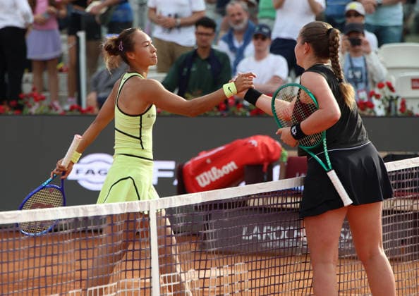 May 9, 2026, Rome, Lazio, Italy: JELENA OSTAPENKO of Latvia and QINWEN ZHENG of China after the match in the third round of tennis tournament WTA, Tennis Damen 1000 Internazionali BNL Dâ€⠢Italia, Rome, Italy. Ostapenko won 4:6, 6:4, 6:4. Tennis, Internazionali BNL Dâ€⠢Italia 2026 - Jelena Ostapenko 4:6, 6:4, 6:4 Qinwen Zheng - ZUMAc278 20260509_zsp_c278_068 Copyright: xMarcinxCholewinskix