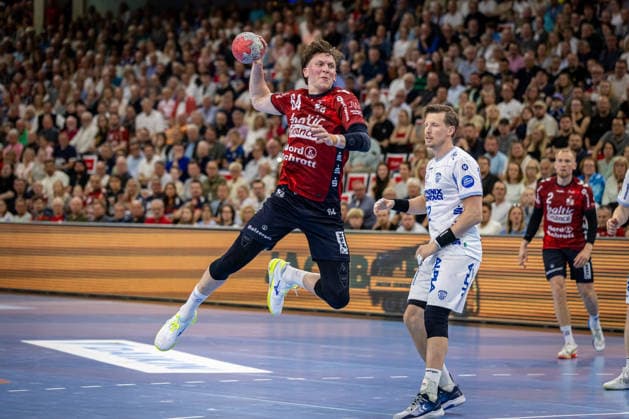 DAIKIN HBL: SG Flensburg-Handewitt vs TBV Lemgo Lippe; 09.05.26 Lasse Kjaer Moller (Nr.64, SG Flensburg-Handewitt) im Angriff DAIKIN HBL: SG Flensburg-Handewitt vs TBV Lemgo Lippe, GP JOULE Arena am 09.05.26 Copyright: xBEAUTIFULxSPORTS MarioxM.xKobergx