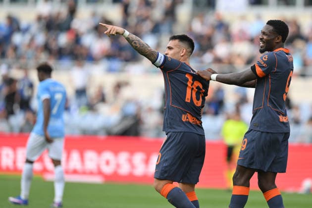 IPA84520875 - Lautaro Martinez of FC Inter and Marcus Thuram of FC celebrates after the goal for 0-2 during the match of 38th day of the Serie A Championship between S.S. Lazio and F.C. Inter at the Olimpico Stadium on May 9, 2026 in Rome, Italy. during SS Lazio vs Inter - FC Internazionale, Italian soccer Serie A match in Rome, Italy, May 09 2026  Copyright: xRobertoxRamaccia IPAxSportx xx 84520875