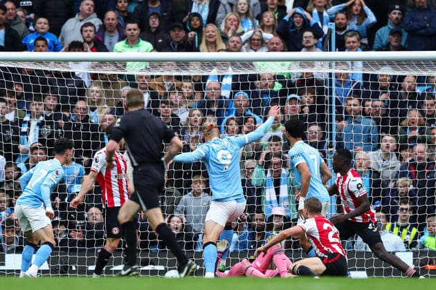 Premier League: Manchester City v Brentford Erling Haland of Manchester City shoots and scores to make it 2-0 during the Premier League match Manchester City vs Brentford at The City in the Community Etihad Stadium, Manchester, United Kingdom on 09 May 2026 (Photo by Jorge Horsted News Images) Manchester The City in the Community Etihad Stadium Greater Manchester United, ManU Kingdom Copyright: xJorgexHorsted NewsxImagesx