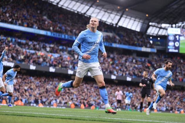 Football - Premier League - Manchester City v Brentford 9th May 2026 - Premier League - Manchester City v Brentford - Erling Haaland of Manchester City celebrates after scoring their 2nd goal - Photo: Simon Stacpoole Offside. Manchester UK Copyright: xSimonxStacpoolexOffside