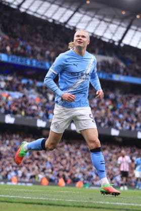 Football - Premier League - Manchester City v Brentford 9th May 2026 - Premier League - Manchester City v Brentford - Erling Haaland of Manchester City celebrates after scoring their 2nd goal - Photo: Simon Stacpoole Offside. Manchester UK Copyright: xSimonxStacpoolexOffside