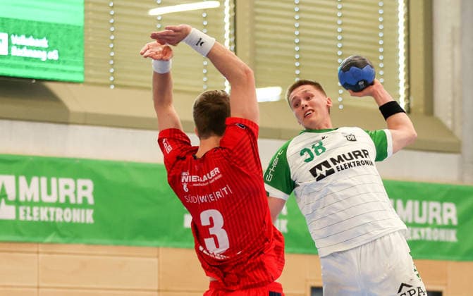 09.05.2026, Deutschland, Backnang, Handball 2. Bundesliga, HC Oppenweiler Backnang vs. SG BBM Bietigheim, v.l. Nikola Vlahovic (BBM), Malte Dederding (HCO)