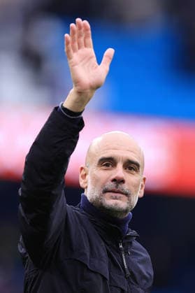 Football - Premier League - Manchester City v Brentford 9th May 2026 - Premier League - Manchester City v Brentford - Manchester City manager Pep Guardiola waves - Photo: Simon Stacpoole Offside. Manchester UK Copyright: xSimonxStacpoolexOffside