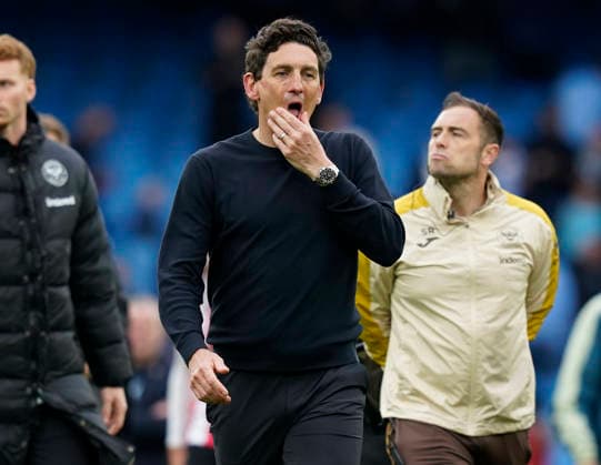 Manchester, England, 9th May 2026. Keith Andrews manager of Brentford during the Manchester City vs Brentford Premier League match at the Etihad Stadium, Manchester. Picture credit should read: Andrew Yates Sportimage EDITORIAL USE ONLY. No use with unauthorised audio, video, data, fixture lists, club league logos or live services. Online in-match use limited to 120 images, no video emulation. No use in betting, games or single club league player publications. SPI_033_AY_MAN_CITY_BRENTFORD SPI-4788-0037