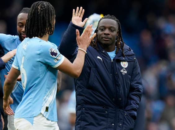 Manchester, England, 9th May 2026. Jeremy Doku of Manchester City celebrates at the final whistle during the Manchester City vs Brentford Premier League match at the Etihad Stadium, Manchester. Picture credit should read: Andrew Yates Sportimage EDITORIAL USE ONLY. No use with unauthorised audio, video, data, fixture lists, club league logos or live services. Online in-match use limited to 120 images, no video emulation. No use in betting, games or single club league player publications. SPI_036_AY_MAN_CITY_BRENTFORD SPI-4788-0040