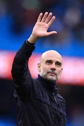 Football - Premier League - Manchester City v Brentford 9th May 2026 - Premier League - Manchester City v Brentford - Manchester City manager Pep Guardiola waves - Photo: Simon Stacpoole Offside. Manchester UK Copyright: xSimonxStacpoolexOffside