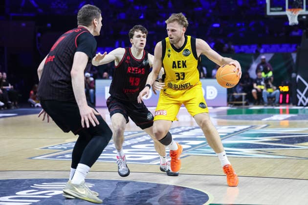 May 9, 2026, Badalona, Barcelona, Spain: Vasilis Charalampopoulos of AEK BC in action during the Final Four Basketball Champions League Final basketball match played between AEK BC and Rytas Vilnius at Palau Olimpic Badalona on May 09, 2026 in Badalona, Barcelona, Spain. Badalona Spain - ZUMAa181 20260509_zaa_a181_371 Copyright: xJavierxBorregox