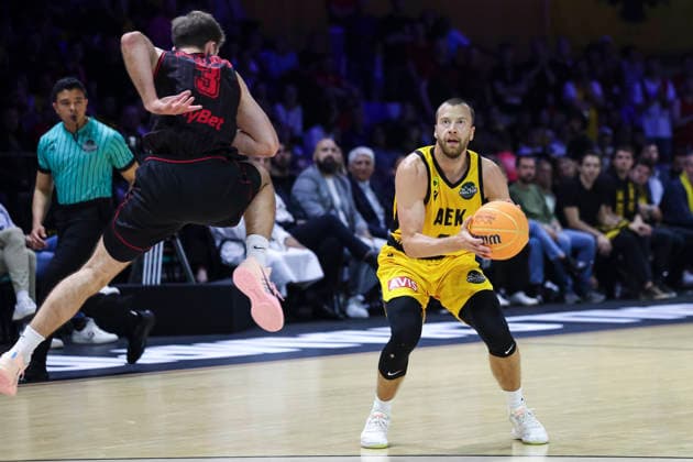 May 9, 2026, Badalona, Barcelona, Spain: Lukas Lekavicius of AEK BC in action during the Final Four Basketball Champions League Final basketball match played between AEK BC and Rytas Vilnius at Palau Olimpic Badalona on May 09, 2026 in Badalona, Barcelona, Spain. AEK BC V Rytas Vilnius - Final Four Basketball Champions League - Badalona 2026 Final  - ZUMAa181 20260509_zaa_a181_394 Copyright: xJavierxBorregox