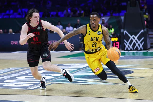 May 9, 2026, Badalona, Barcelona, Spain: James Nunnally of AEK BC and Simonas Lukosius of Rytas Vilnius in action during the Final Four Basketball Champions League Final basketball match played between AEK BC and Rytas Vilnius at Palau Olimpic Badalona on May 09, 2026 in Badalona, Barcelona, Spain. AEK BC V Rytas Vilnius - Final Four Basketball Champions League - Badalona 2026 Final  - ZUMAa181 20260509_zaa_a181_395 Copyright: xJavierxBorregox