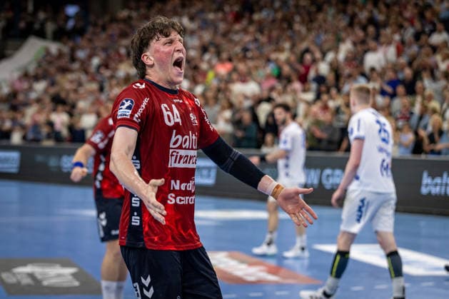 DAIKIN HBL: SG Flensburg-Handewitt vs TBV Lemgo Lippe; 09.05.26 Jubel nach Sieg Lasse Kjaer Moller (Nr.64, SG Flensburg-Handewitt) DAIKIN HBL: SG Flensburg-Handewitt vs TBV Lemgo Lippe, GP JOULE Arena am 09.05.26 Copyright: xBEAUTIFULxSPORTS MarioxM.xKobergx