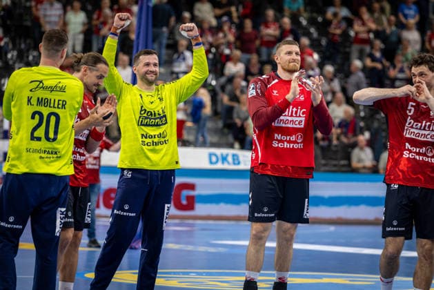 DAIKIN HBL: SG Flensburg-Handewitt vs TBV Lemgo Lippe; 09.05.26 Jubel nach Sieg Team SG Flensburg-Handewitt DAIKIN HBL: SG Flensburg-Handewitt vs TBV Lemgo Lippe, GP JOULE Arena am 09.05.26 Copyright: xBEAUTIFULxSPORTS MarioxM.xKobergx