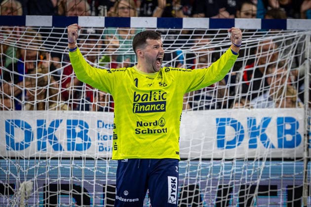 DAIKIN HBL: SG Flensburg-Handewitt vs TBV Lemgo Lippe; 09.05.26 Jubel Freude über gehaltenen Ball bei Benjamin Buric (Nr.01, SG Flensburg-Handewitt) DAIKIN HBL: SG Flensburg-Handewitt vs TBV Lemgo Lippe, GP JOULE Arena am 09.05.26 Copyright: xBEAUTIFULxSPORTS MarioxM.xKobergx