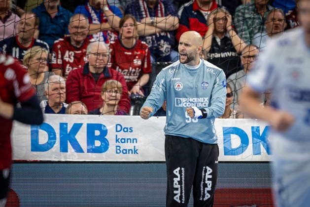 DAIKIN HBL: SG Flensburg-Handewitt vs TBV Lemgo Lippe; 09.05.26 Jubel Freude über gehaltenen Ball bei Urh Kastelic (Nr.99, TBV Lemgo-Lippe) DAIKIN HBL: SG Flensburg-Handewitt vs TBV Lemgo Lippe, GP JOULE Arena am 09.05.26 Copyright: xBEAUTIFULxSPORTS MarioxM.xKobergx
