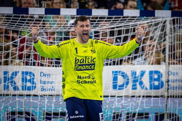 DAIKIN HBL: SG Flensburg-Handewitt vs TBV Lemgo Lippe; 09.05.26 Jubel Freude über gehaltenen Ball bei Benjamin Buric (Nr.01, SG Flensburg-Handewitt) DAIKIN HBL: SG Flensburg-Handewitt vs TBV Lemgo Lippe, GP JOULE Arena am 09.05.26 Copyright: xBEAUTIFULxSPORTS MarioxM.xKobergx