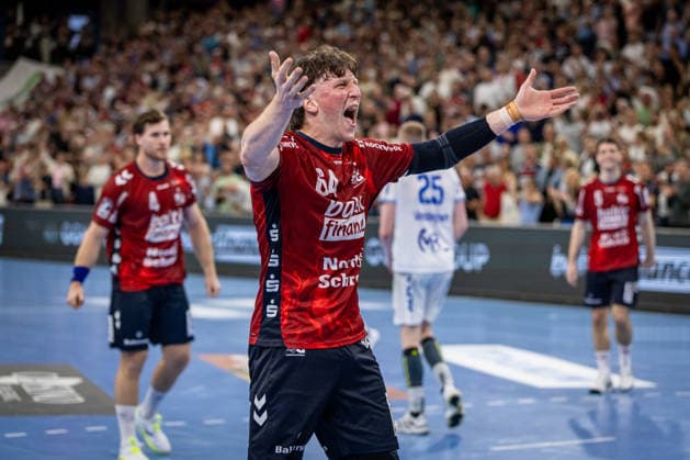 DAIKIN HBL: SG Flensburg-Handewitt vs TBV Lemgo Lippe; 09.05.26 Jubel nach Sieg Lasse Kjaer Moller (Nr.64, SG Flensburg-Handewitt) DAIKIN HBL: SG Flensburg-Handewitt vs TBV Lemgo Lippe, GP JOULE Arena am 09.05.26 Copyright: xBEAUTIFULxSPORTS MarioxM.xKobergx