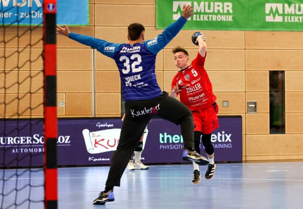 09.05.2026, Deutschland, Backnang, Handball 2. Bundesliga, HC Oppenweiler Backnang vs. SG BBM Bietigheim, v.l. Janis Boieck (HCO), Nico Bacani (BBM)