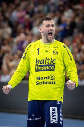 DAIKIN HBL: SG Flensburg-Handewitt vs TBV Lemgo Lippe; 09.05.26 Jubel Freude über gehaltenen Ball bei Benjamin Buric (Nr.01, SG Flensburg-Handewitt) DAIKIN HBL: SG Flensburg-Handewitt vs TBV Lemgo Lippe, GP JOULE Arena am 09.05.26 Copyright: xBEAUTIFULxSPORTS MarioxM.xKobergx