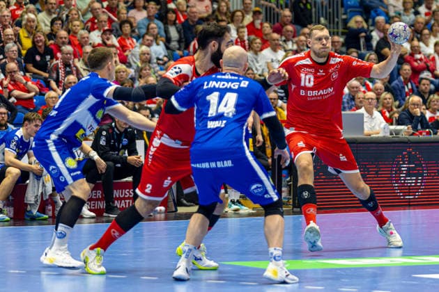 DAIKIN Handball Bundesliga, Kassel, MT Melsungen vs. ThSV Eisenach, Rothenbach-Halle Kassel; 09.05.2026 DAIKIN Handball Bundesliga, Kassel, Germany - 09.05.2026: Dainis Kristopans (MT Melsungen, 10) am Ball, Handball BundesligaL, Spiel der MT Melsungen vs. ThSV Eisenach, Rothenbach-Halle Kassel Copyright: xBEAUTIFULxSPORTS Freudensteinx