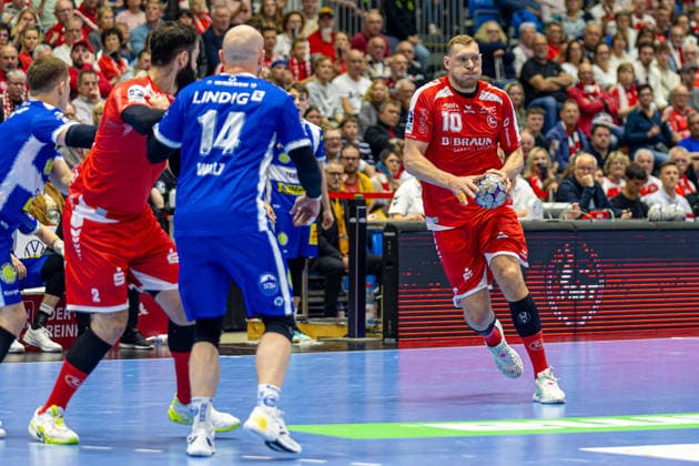 DAIKIN Handball Bundesliga, Kassel, MT Melsungen vs. ThSV Eisenach, Rothenbach-Halle Kassel; 09.05.2026 DAIKIN Handball Bundesliga, Kassel, Germany - 09.05.2026: Dainis Kristopans (MT Melsungen, 10) am Ball, Handball BundesligaL, Spiel der MT Melsungen vs. ThSV Eisenach, Rothenbach-Halle Kassel Copyright: xBEAUTIFULxSPORTS Freudensteinx