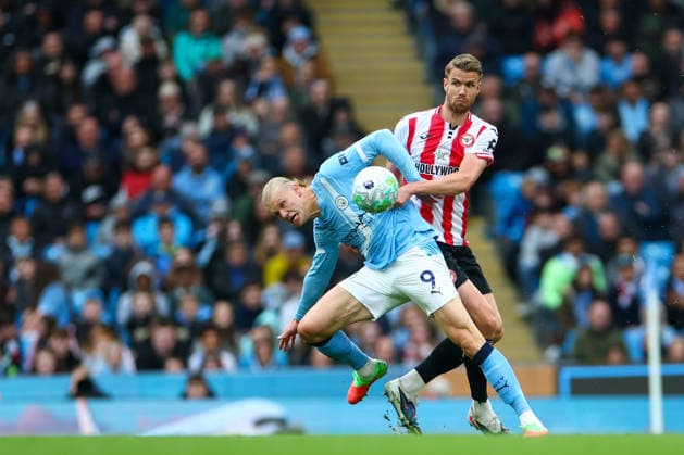 9th May 2026; Etihad Stadium, Manchester, Lancashire, England; Premier League Football, Manchester City versus Brentford; Erling Haaland of Manchester City is under pressure from Kristoffer Ajer of Brentford RogerxEvans
