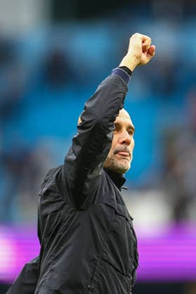 9th May 2026; Etihad Stadium, Manchester, Lancashire, England; Premier League Football, Manchester City versus Brentford; Manchester City manager Pep Guardiola fist pumps the crowd after the game RogerxEvans