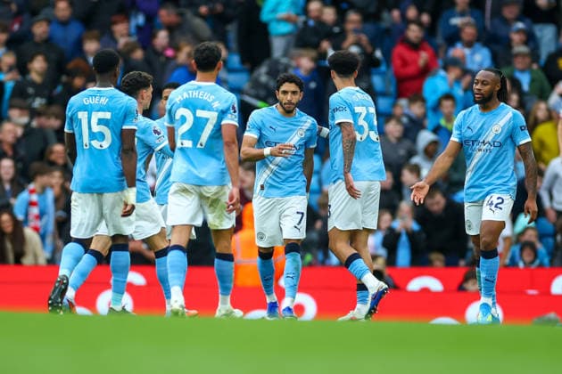 9th May 2026; Etihad Stadium, Manchester, Lancashire, England; Premier League Football, Manchester City versus Brentford; Omar Marmoush of Manchester City is congratulated by team mates after scoring in the 92nd minute for 3-0 RogerxEvans