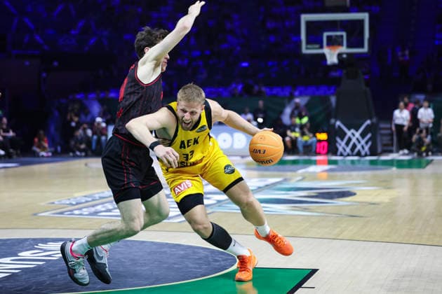 May 9, 2026, Badalona, Barcelona, Spain: Vasilis Charalampopoulos of AEK BC in action during the Final Four Basketball Champions League Final basketball match played between AEK BC and Rytas Vilnius at Palau Olimpic Badalona on May 09, 2026 in Badalona, Barcelona, Spain. Badalona Spain - ZUMAa181 20260509_zaa_a181_475 Copyright: xJavierxBorregox