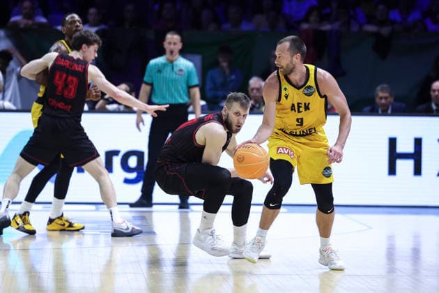 May 9, 2026, Badalona, Barcelona, Spain: Lukas Lekavicius of AEK BC and Martynas Paliukenas of Rytas Vilnius in action during the Final Four Basketball Champions League Final basketball match played between AEK BC and Rytas Vilnius at Palau Olimpic Badalona on May 09, 2026 in Badalona, Barcelona, Spain. AEK BC V Rytas Vilnius - Final Four Basketball Champions League - Badalona 2026 Final  - ZUMAa181 20260509_zaa_a181_498 Copyright: xJavierxBorregox
