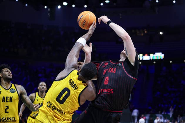 May 9, 2026, Badalona, Barcelona, Spain: RaiQuan Gray of AEK BC and Arturas Gudaitis of Rytas Vilnius in action during the Final Four Basketball Champions League Final basketball match played between AEK BC and Rytas Vilnius at Palau Olimpic Badalona on May 09, 2026 in Badalona, Barcelona, Spain. AEK BC V Rytas Vilnius - Final Four Basketball Champions League - Badalona 2026 Final  - ZUMAa181 20260509_zaa_a181_511 Copyright: xJavierxBorregox