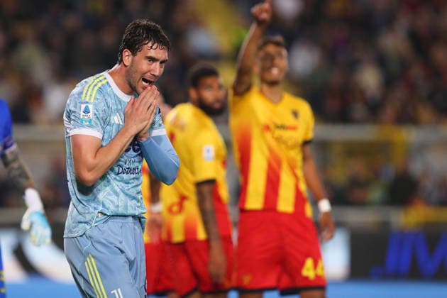 Dusan Vlahovic of Juventus FC reacts the serie A match between US Lecce and Juventus FC at Ettore Giardiniero - Via del Mare stadium in Lecce (Italy), May 09, 2026. massimilianoxcarnabuci