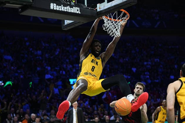 AEK BC v Rytas Vilnius - Basketball Champions League BADALONA, SPAIN - MAY 09: Keyshawn Feazell of AEK BC in action during the FIBA Basketball Champions League final match between AEK BC and Rytas Vilnius at Palau Municipal d Esports de Badalona in Badalona, Spain on May 09, 2026. Burak Akbulut Anadolu Badalona Spain. Editorial use only. Please get in touch for any other usage.  Copyright: x2026xAnadoluxBurakxAkbulutx