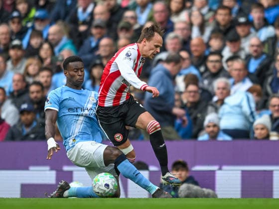 Manchester City v Brentford Premier League Marc Guehi of Manchester City and Mikkel Damsgaard of Brentford during the Premier League match at the Etihad Stadium, Manchester 09 05 2026 UK Newspapers OUT Copyright: xKarlxVallantinex FIL-23409-0108