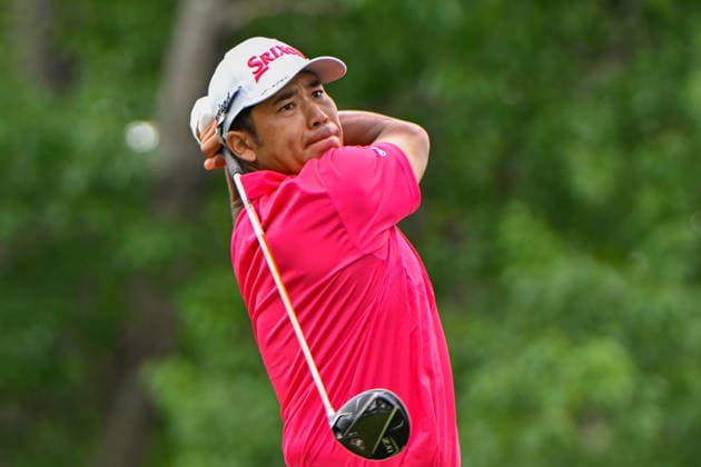 CHARLOTTE, NC - MAY 09: Hideki Matsuyama (JPN) watches his tee shot on 18 during the third round of the Truist Championship on May 9, 2026, at the Quail Hollow Club in Charlotte, North Carolina. (Photo by Ken Murray Icon Sportswire) GOLF: MAY 09 PGA, Golf Herren Truist Championship EDITORIAL USE ONLY Icon2605090313
