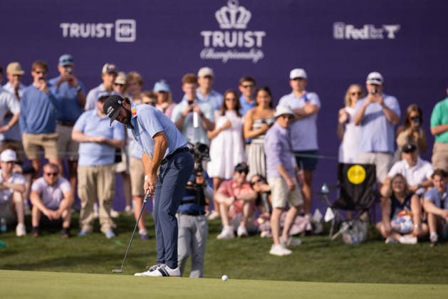 2026 Truist Championship: Third Round May 09 May 9, 2026: Cameron Young putts for eagle on the eighteenth green during the third round of the 2026 Truist Championship at Quail Hollow Club in Charlotte, NC. (Scott Kinser CSM) (Credit Image: Â Scott Kinser Cal Media) Charlotte Nc United States EDITORIAL USE ONLY Copyright: xx ZUMA-20260509_zma_c04_022.jpg ScottxKinserx csmphotothree490061