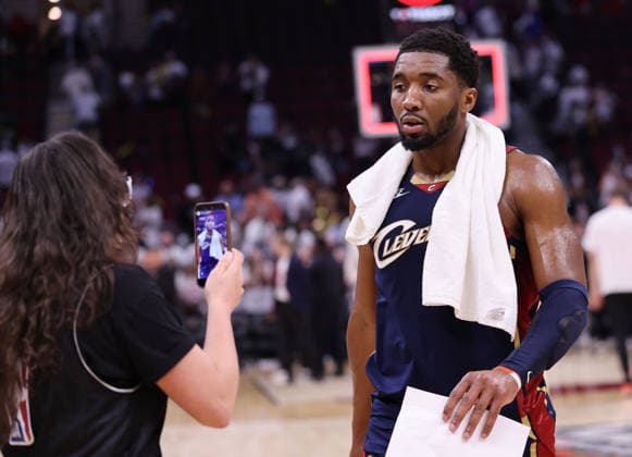 Cleveland Cavaliers Donovan Mitchell (45) leaves the court after defeating the Detroit Pistons 116-109 in game three of their second round playoff series in Cleveland, Ohio Saturday May 9, 2026.  CLE20260509114 AARONxJOSEFCZYK