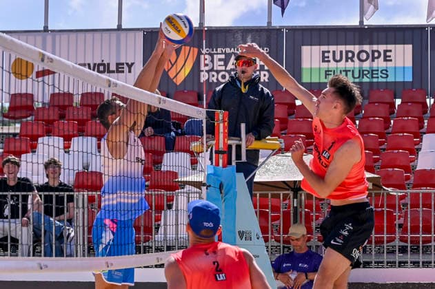 May 10, 2026, Madrid, Madrid, Spain: EDGARS TOCS of Lithuania and NATHAN MATOS of Spain during the men s Quarterfinals match between the Lithuania national team, Nationalteam and the Spanish national team, held at the Beach Pro Tour Futures Madrid 2026 at the Parque Deportivo Puerta de Hierro on May 9, 2026, in Madrid, Spain. Madrid Spain - ZUMAc312 20260510_zsp_c312_037 Copyright: xOscarxManuelxSanchezx