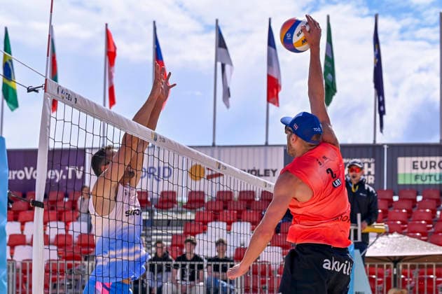 May 10, 2026, Madrid, Madrid, Spain: GUSTAVS AUZINS of Lithuania and NATHAN MATOS of Spain during the men s Quarterfinals match between the Lithuania national team, Nationalteam and the Spanish national team, held at the Beach Pro Tour Futures Madrid 2026 at the Parque Deportivo Puerta de Hierro on May 9, 2026, in Madrid, Spain. Madrid Spain - ZUMAc312 20260510_zsp_c312_041 Copyright: xOscarxManuelxSanchezx