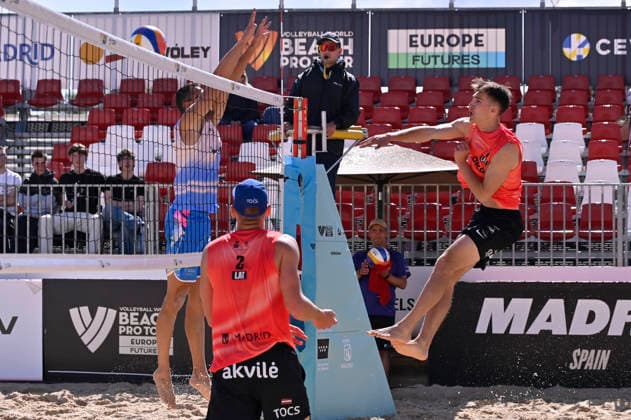 May 10, 2026, Madrid, Madrid, Spain: EDGARS TOCS of Lithuania and NATHAN MATOS of Spain during the men s Quarterfinals match between the Lithuania national team, Nationalteam and the Spanish national team, held at the Beach Pro Tour Futures Madrid 2026 at the Parque Deportivo Puerta de Hierro on May 9, 2026, in Madrid, Spain. Madrid Spain - ZUMAc312 20260510_zsp_c312_043 Copyright: xOscarxManuelxSanchezx