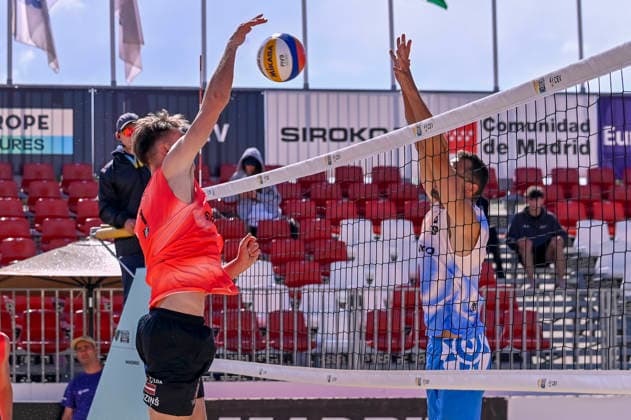 May 10, 2026, Madrid, Madrid, Spain: EDGARS TOCS of Lithuania and NATHAN MATOS of Spain during the men s Quarterfinals match between the Lithuania national team, Nationalteam and the Spanish national team, held at the Beach Pro Tour Futures Madrid 2026 at the Parque Deportivo Puerta de Hierro on May 9, 2026, in Madrid, Spain. Beach Pro Tour Futures Madrid 2026 (Men s) - 05.09.26 (Day Three)  - ZUMAc312 20260510_zsp_c312_081 Copyright: xOscarxManuelxSanchezx