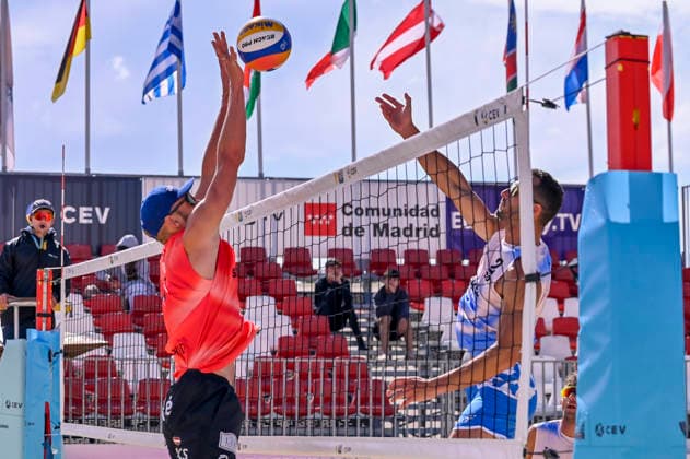 May 10, 2026, Madrid, Madrid, Spain: NATHAN MATOS of Spain and GUSTAVS AUZINS of Lithuania during the men s Quarterfinals match between the Lithuania national team, Nationalteam and the Spanish national team, held at the Beach Pro Tour Futures Madrid 2026 at the Parque Deportivo Puerta de Hierro on May 9, 2026, in Madrid, Spain. Beach Pro Tour Futures Madrid 2026 (Men s) - 05.09.26 (Day Three)  - ZUMAc312 20260510_zsp_c312_088 Copyright: xOscarxManuelxSanchezx