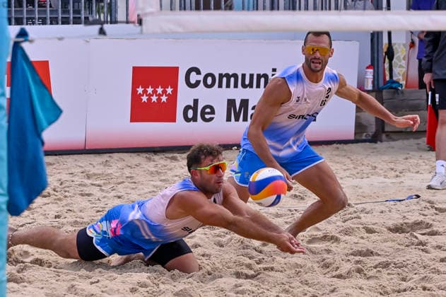 May 10, 2026, Madrid, Madrid, Spain: PABLO PEREZ SUAREZ of Spain and NATHAN MATOS of Spain during the men s Quarterfinals match between the Lithuania national team, Nationalteam and the Spanish national team, held at the Beach Pro Tour Futures Madrid 2026 at the Parque Deportivo Puerta de Hierro on May 9, 2026, in Madrid, Spain. Beach Pro Tour Futures Madrid 2026 (Men s) - 05.09.26 (Day Three)  - ZUMAc312 20260510_zsp_c312_116 Copyright: xOscarxManuelxSanchezx