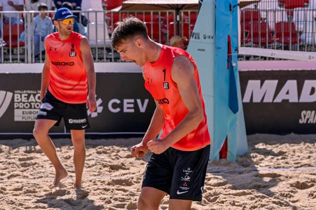 May 10, 2026, Madrid, Madrid, Spain: EDGARS TOCS of Lithuania celebrates during the men s Quarterfinals match between the Lithuania national team, Nationalteam and the Spanish national team, held at the Beach Pro Tour Futures Madrid 2026 at the Parque Deportivo Puerta de Hierro on May 9, 2026, in Madrid, Spain. Madrid Spain - ZUMAc312 20260510_zsp_c312_082 Copyright: xOscarxManuelxSanchezx